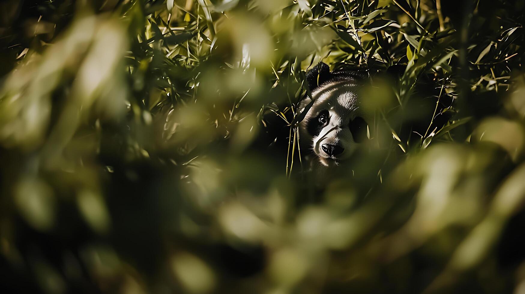Adorable Panda Peeking Through Lush Green Bamboo Leaves. photo