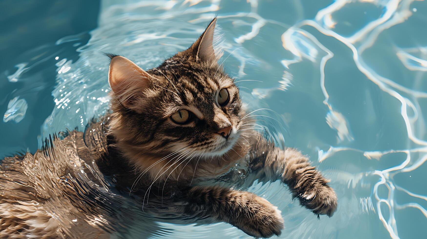 A Surprising Swim Tabby Cat Paddles Through Clear Blue Water. photo