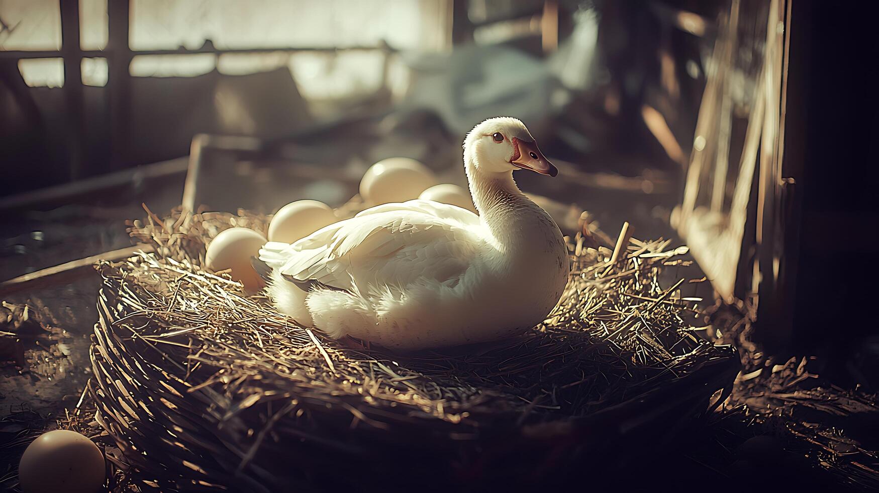 A White Duck Nests on Eggs in a Rustic Farm Setting. photo