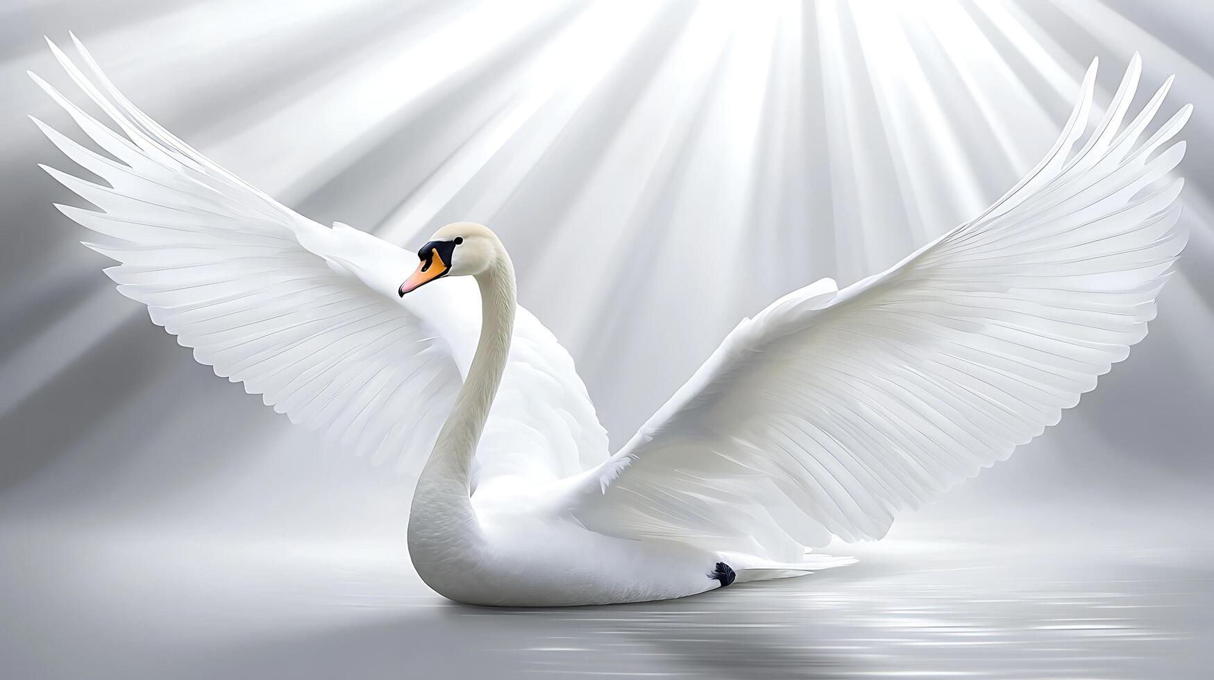 Majestic White Swan Spreading Wings in Gentle Light. photo