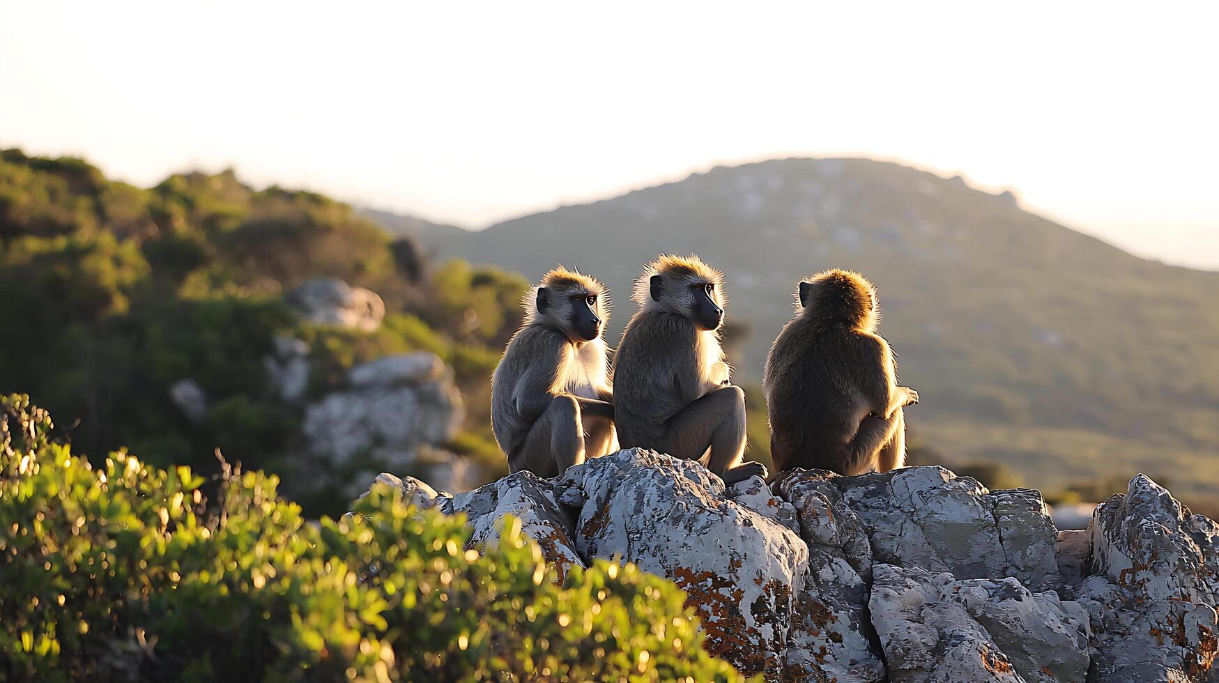 Three baboons sit peacefully on rocks at sunset. photo