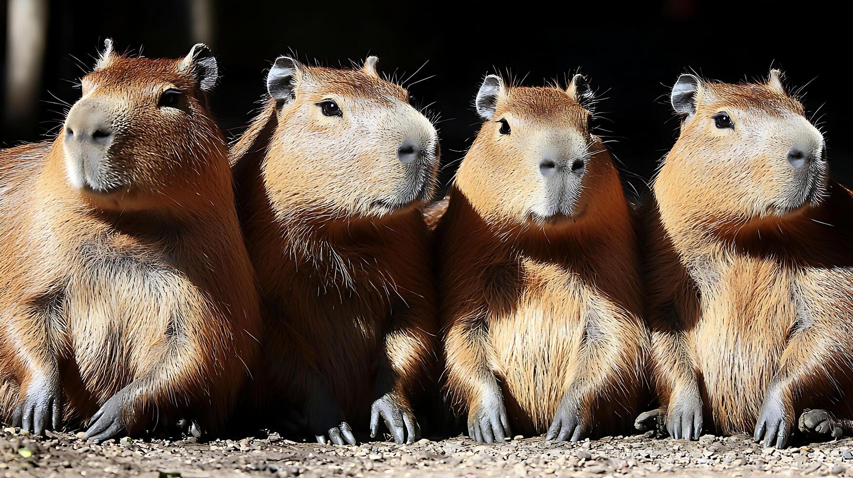 Four Capybaras Sit Together in a Close Up Portrait. photo