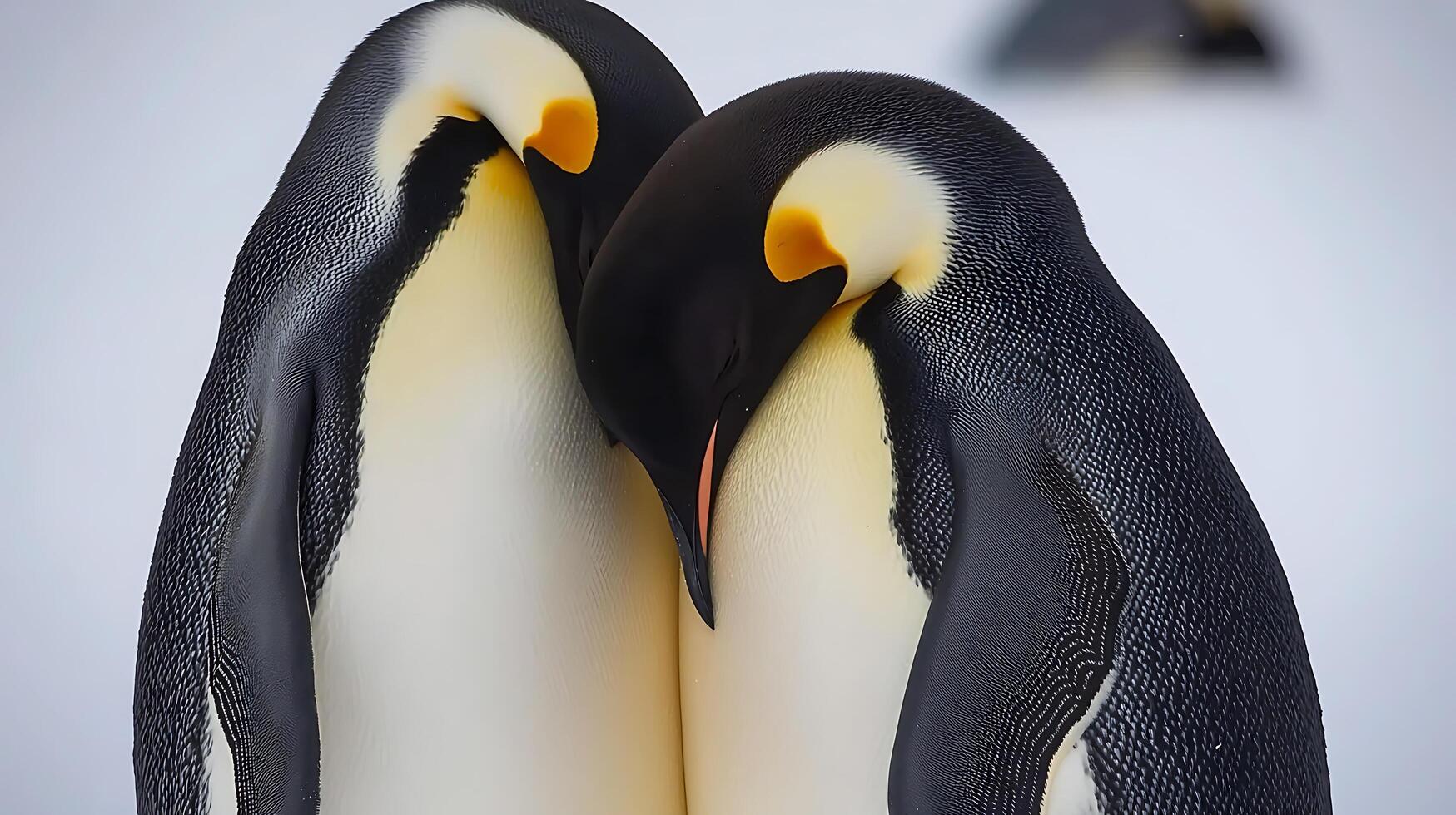 Two Emperor Penguins Huddled Together in the Cold Snow. photo