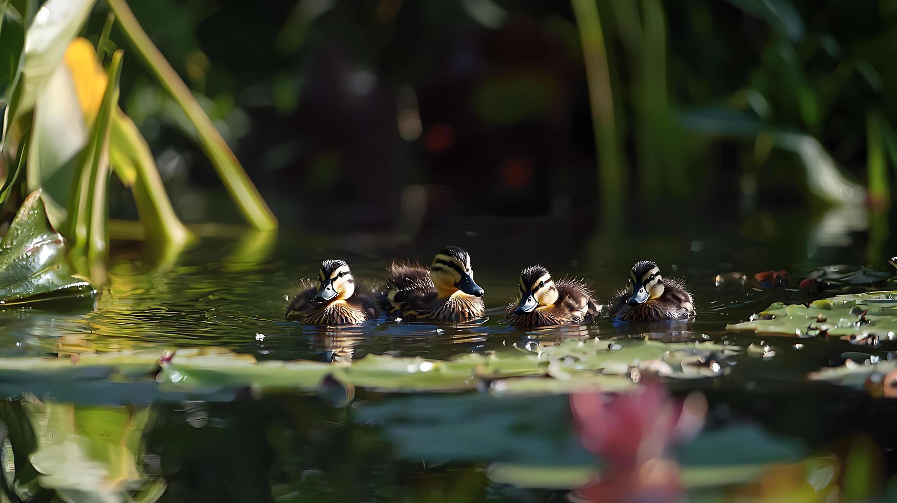 Adorable Ducklings Swim Together on a Serene Sunny Day. photo