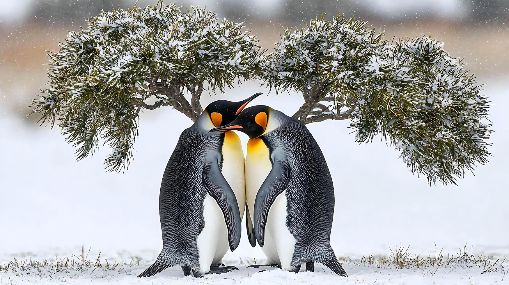Two King Penguins in a Snowy Landscape Share a Tender Moment. photo