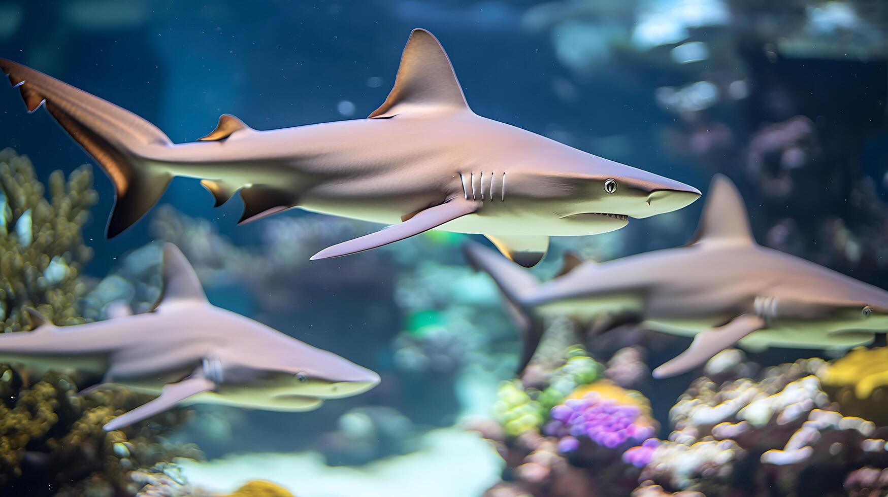 Sharks swimming gracefully through a vibrant coral reef environment. photo
