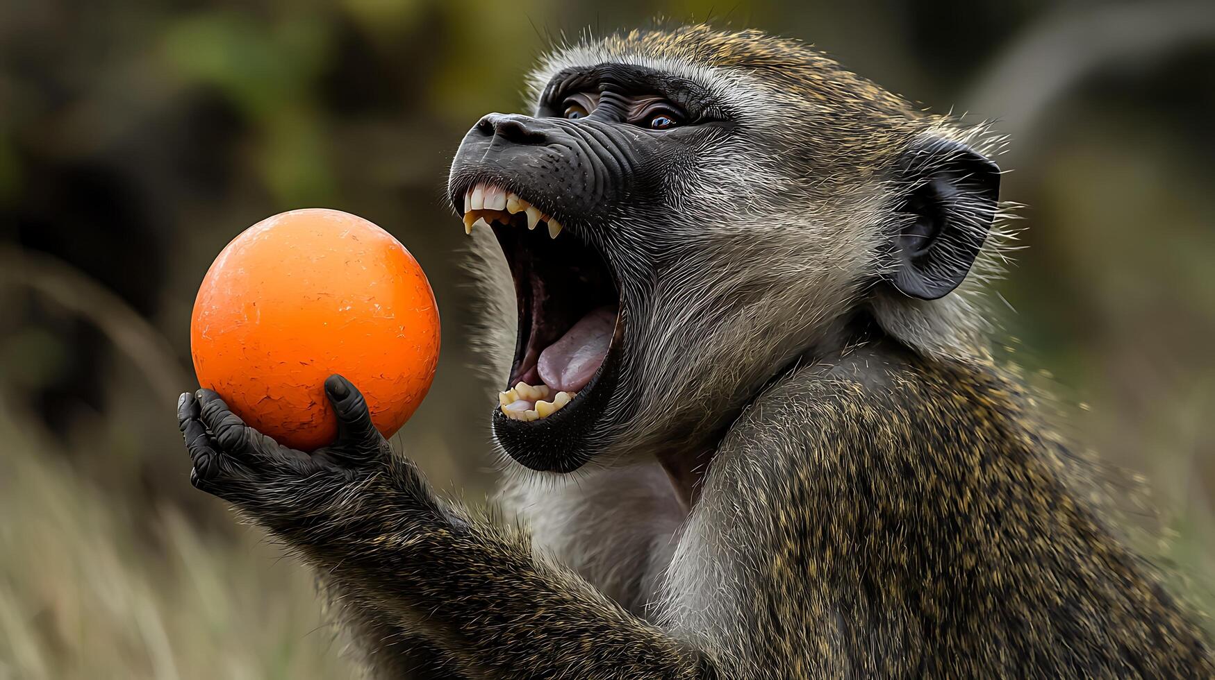 Monkey with open mouth holding an orange ball close up shot. photo
