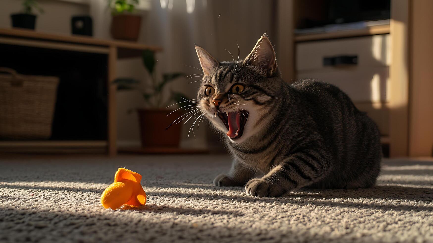 Playful Kitten Yawns Wide in a Sunbeam by its Toy. photo