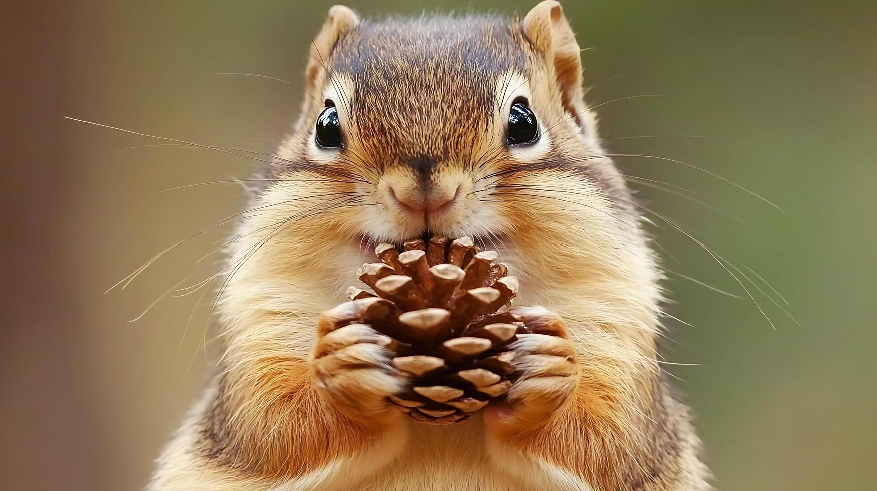 Adorable Chipmunk Close Up Holding a Pine Cone in its Paws. photo