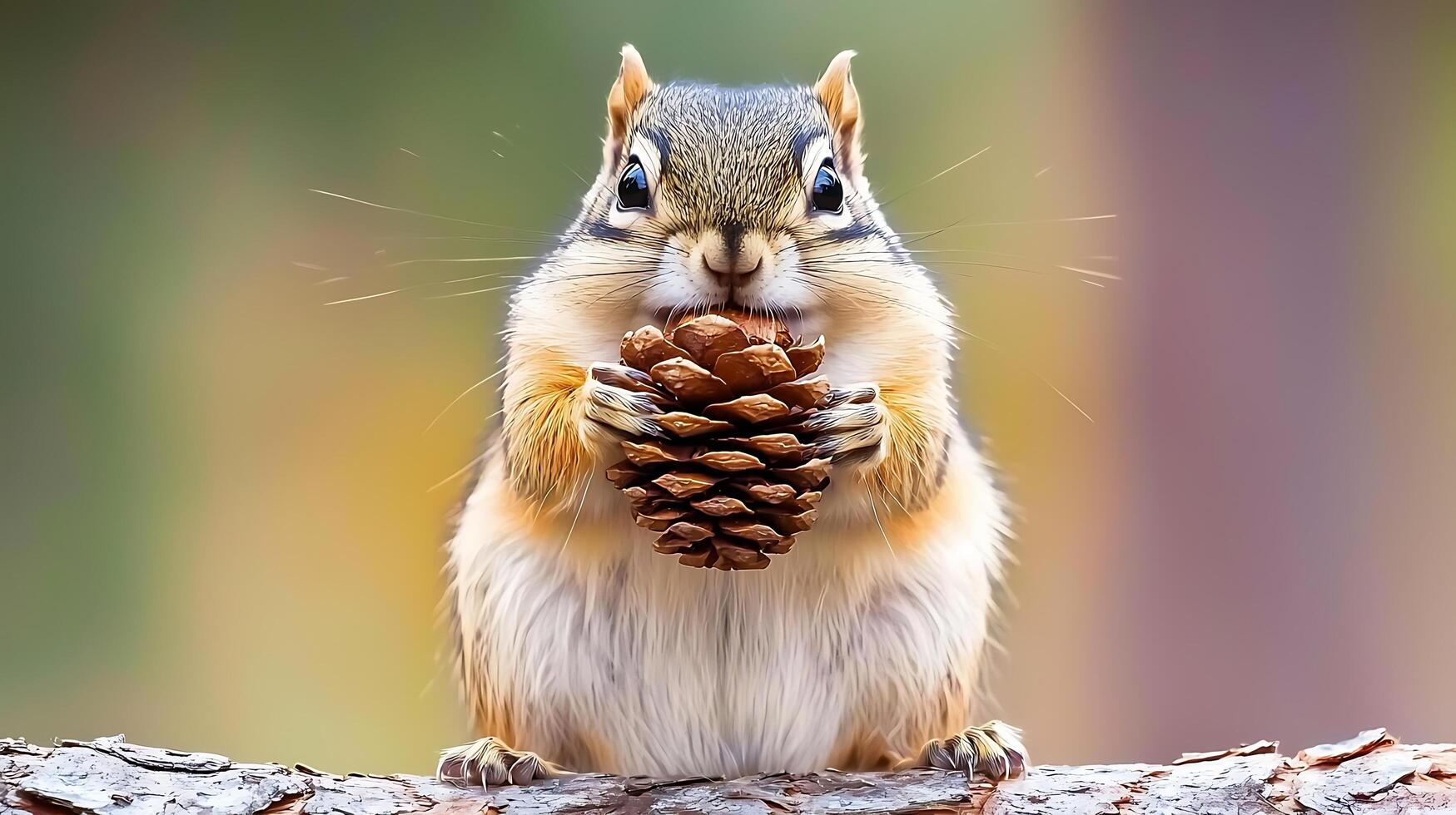 Adorable chipmunk holding a pine cone in its paws on a branch. photo