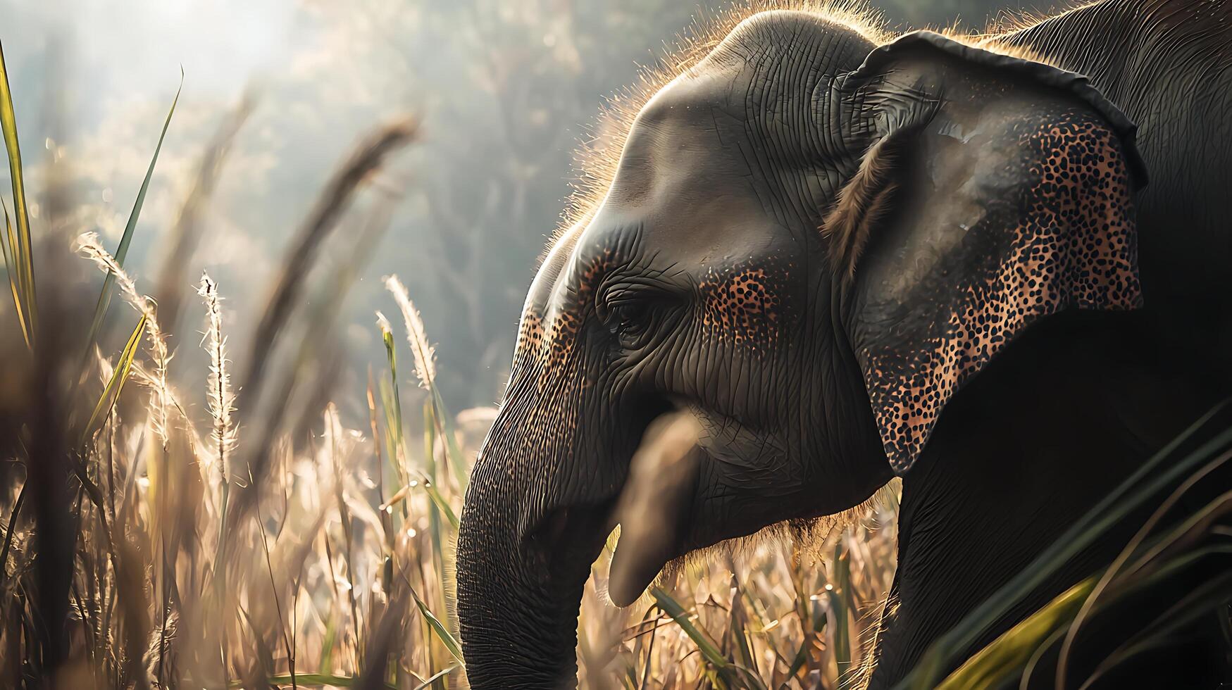 Majestic Elephant Profile in Golden Hour Grasslands. photo