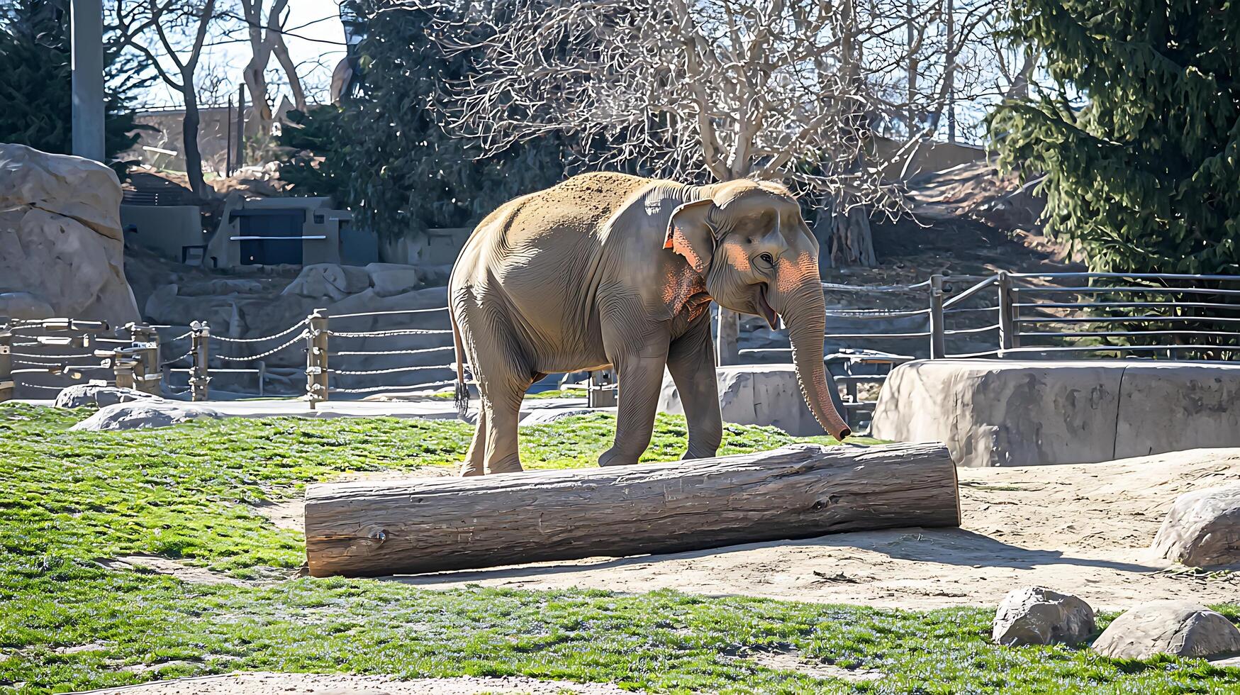 Majestic Elephant Interacts with Large Log in Natural Habitat Enclosure. photo