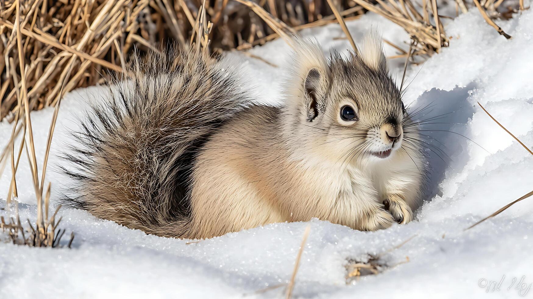 Adorable Squirrel Cozy in Snow Surrounded by Winter Dry Grass. photo