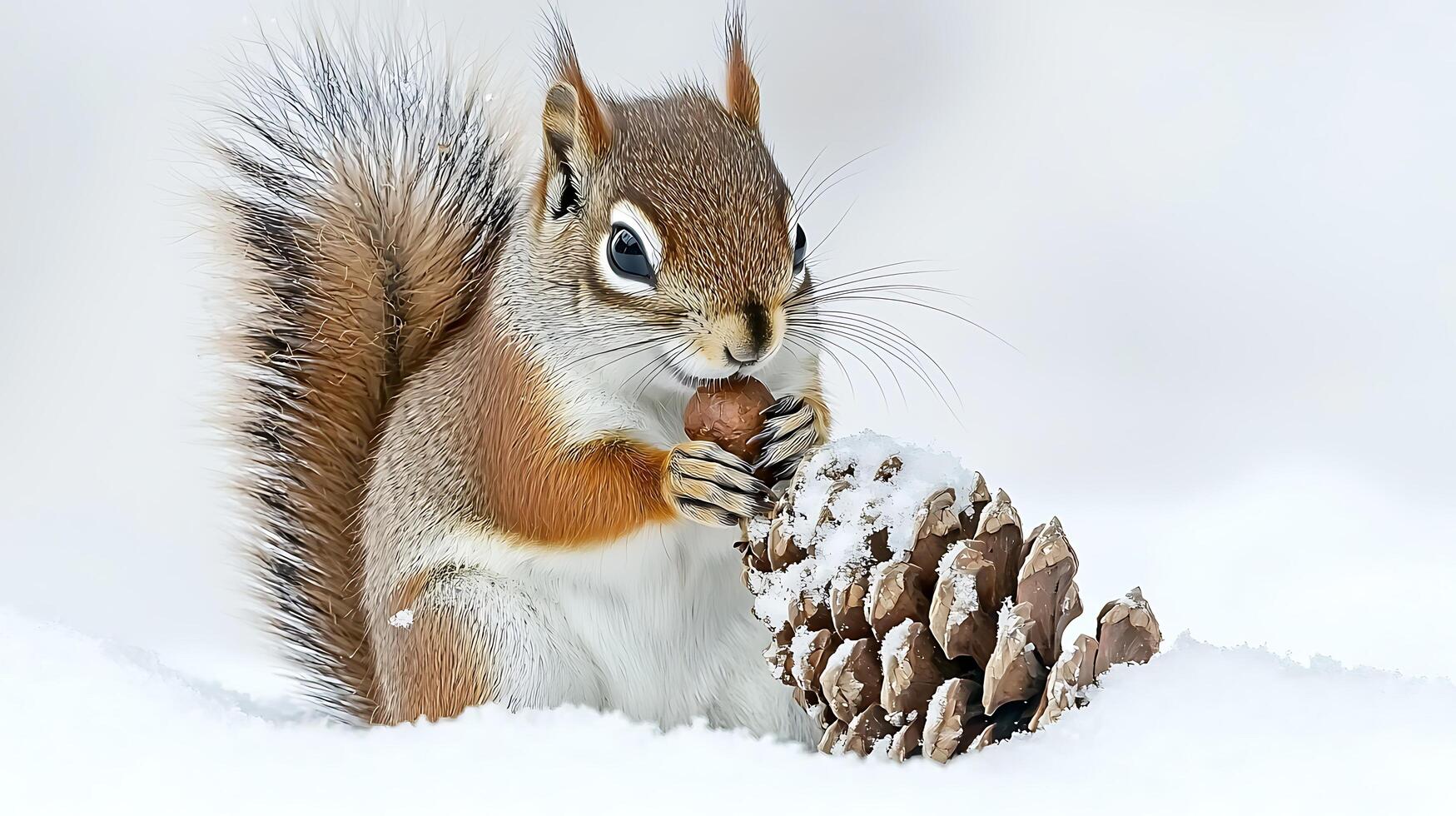 Adorable squirrel enjoying a treat in the winter snow. photo