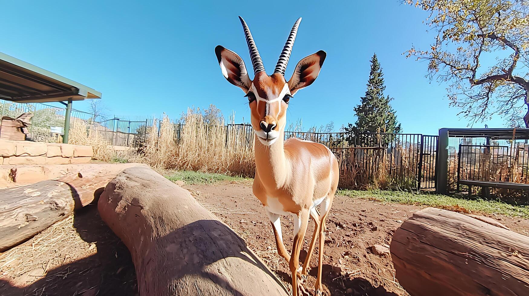 Gazelle Stands Tall Under Clear Blue Skies in Zoo Enclosure. photo