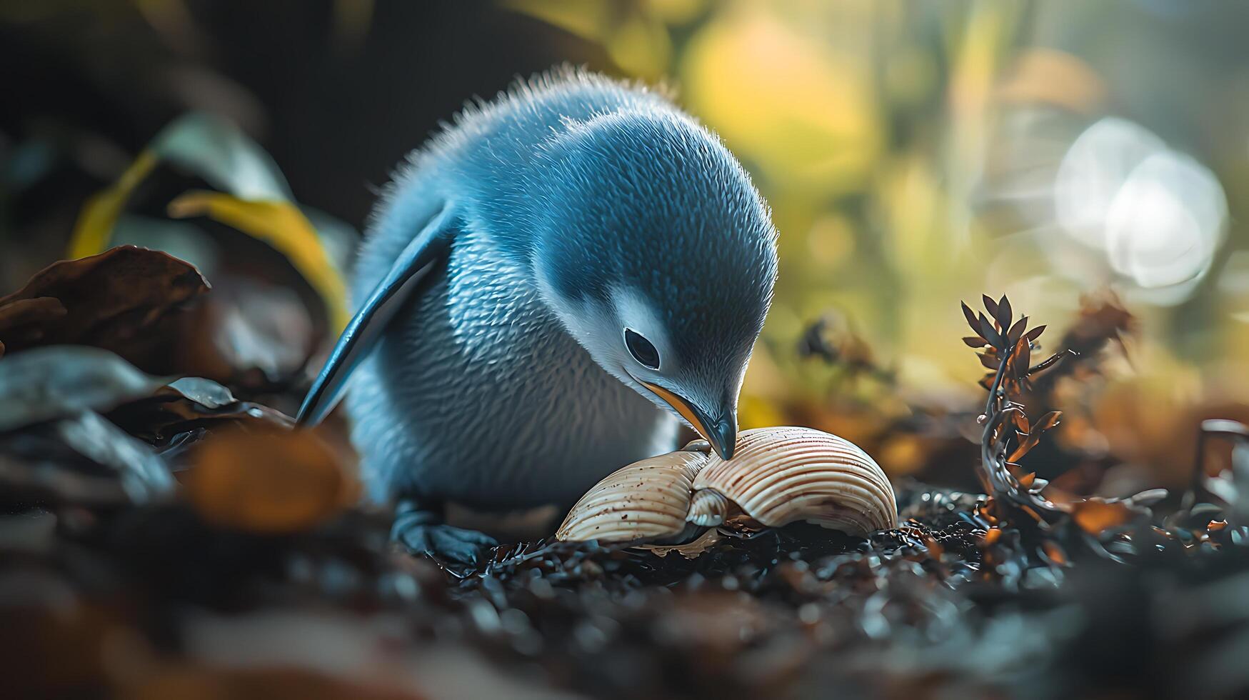 Curious baby penguin discovers a beautiful seashell on forest floor. photo