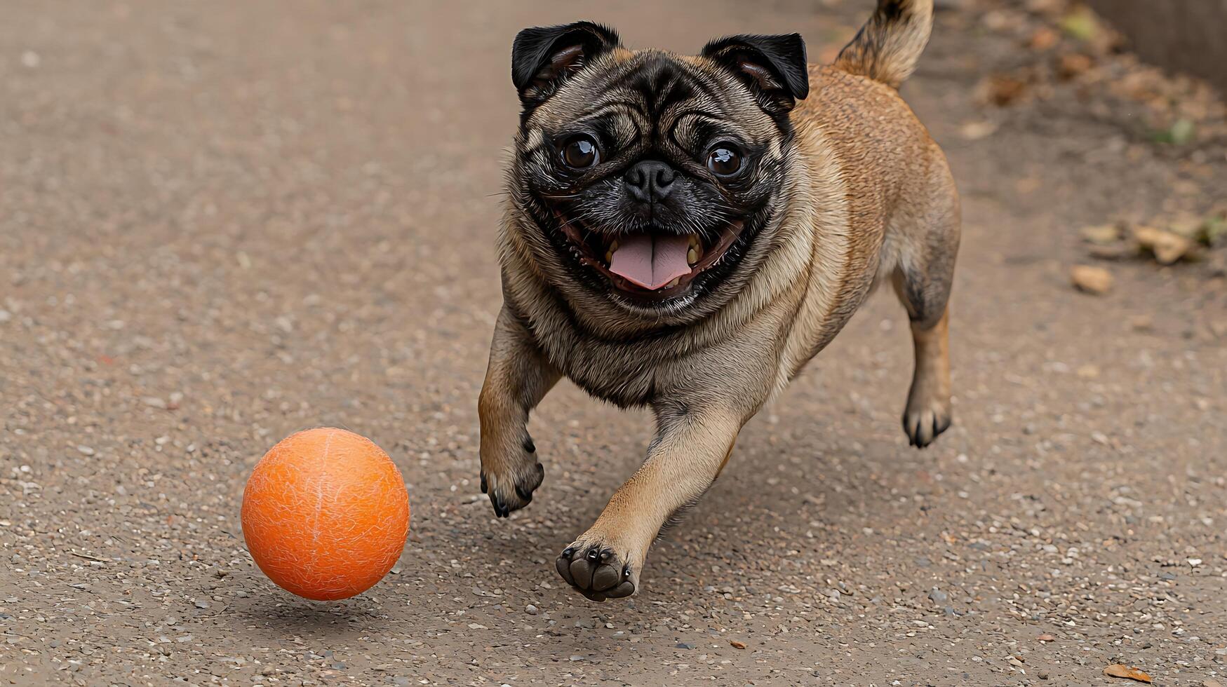 Happy Pug Leaping for an Orange Ball on a Paved Path. photo