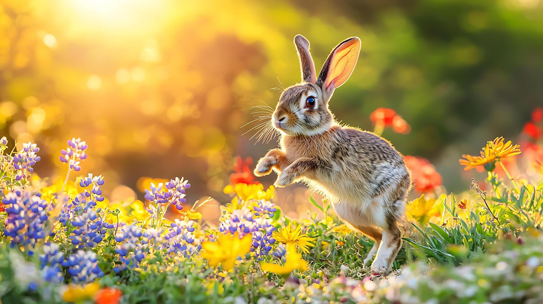 Bunny leaps through a sunlit field of wildflowers in soft morning light. photo