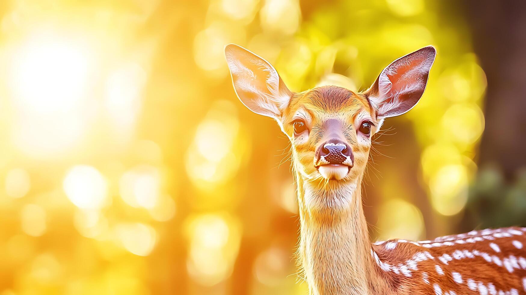 A Young Deer Peeking Through Golden Sunlight and Bokeh Lights. photo