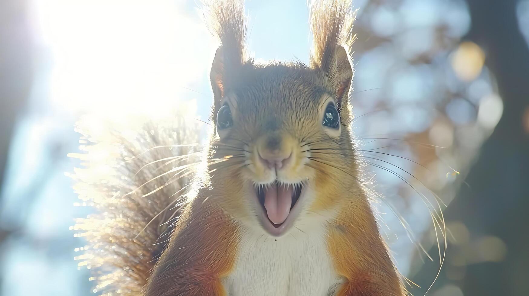 Adorable Squirrel With Mouth Open in Bright Sunlight. photo