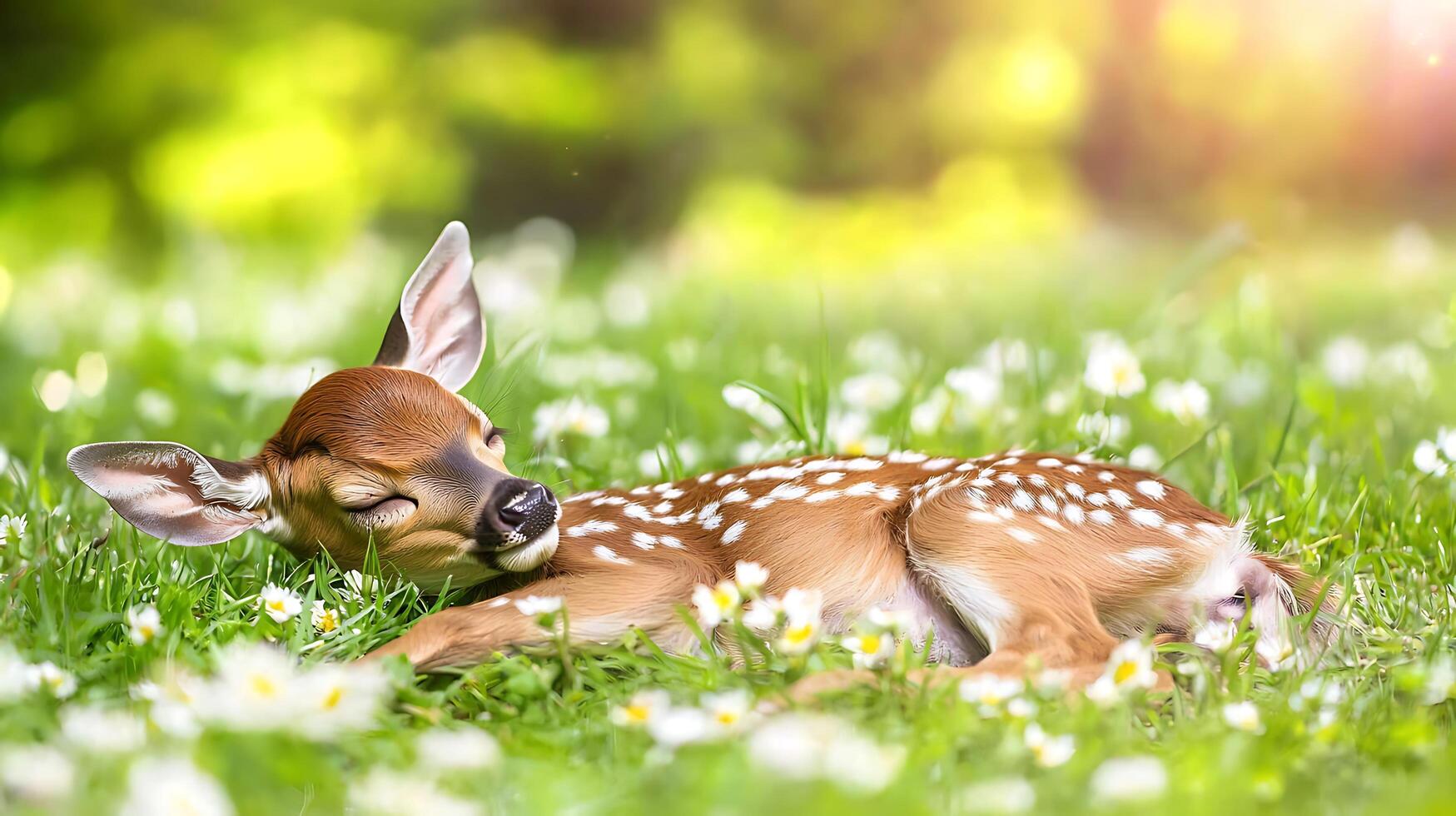 Adorable Fawn Napping Peacefully in a Sunny Meadow with Wildflowers. photo