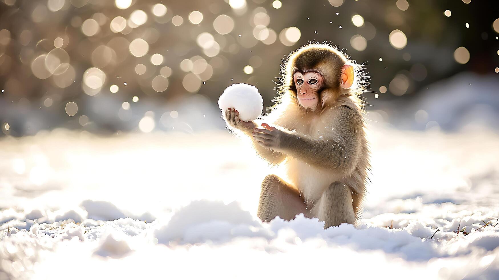 Adorable baby monkey holding a snowball in the winter sunshine. photo