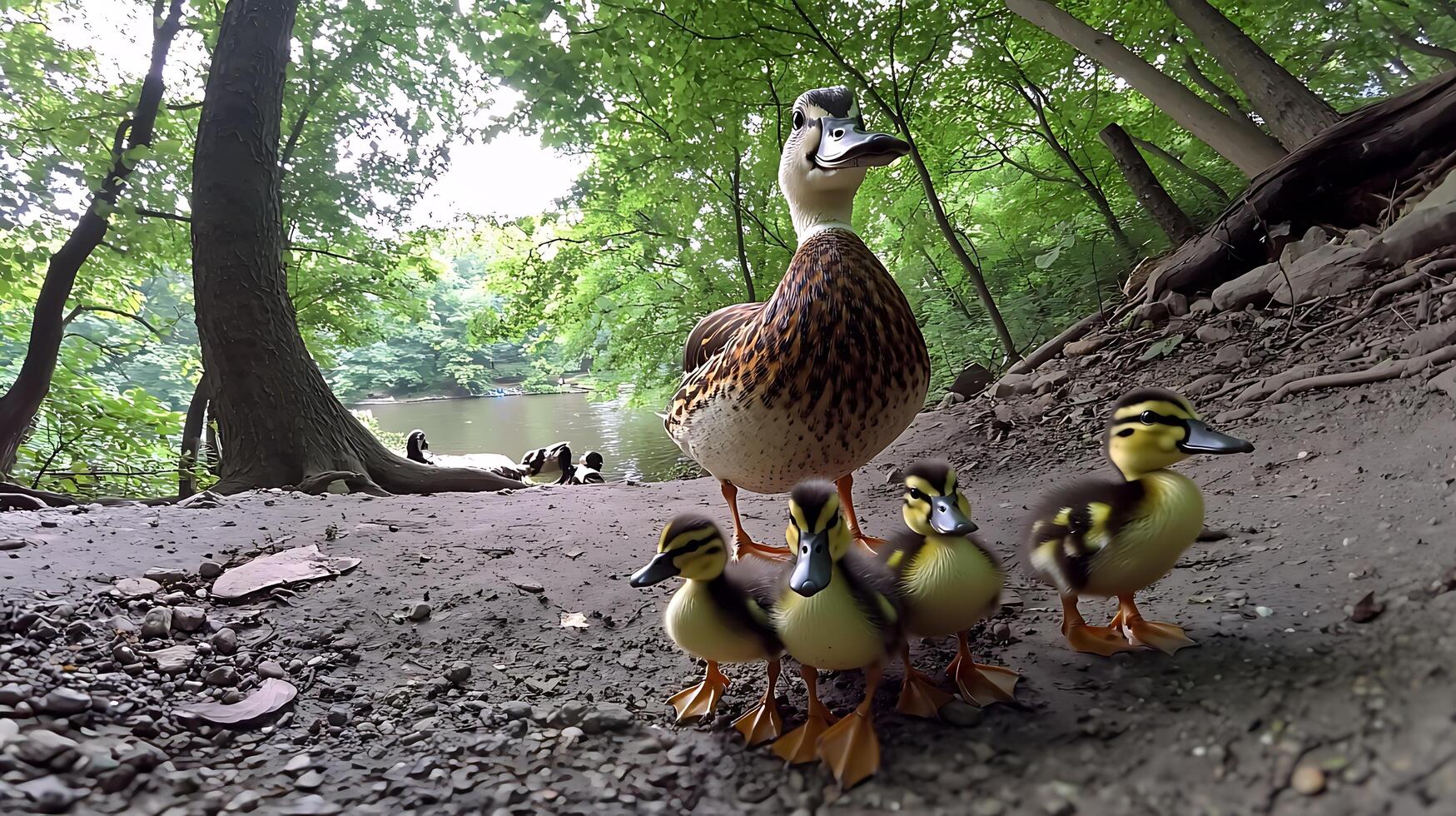 A Proud Mother Duck Leads Her Ducklings Through the Forest Floor photo