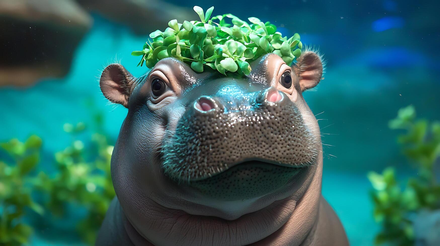 Adorable Baby Hippo Wears a Crown of Green Leaves Underwater. photo