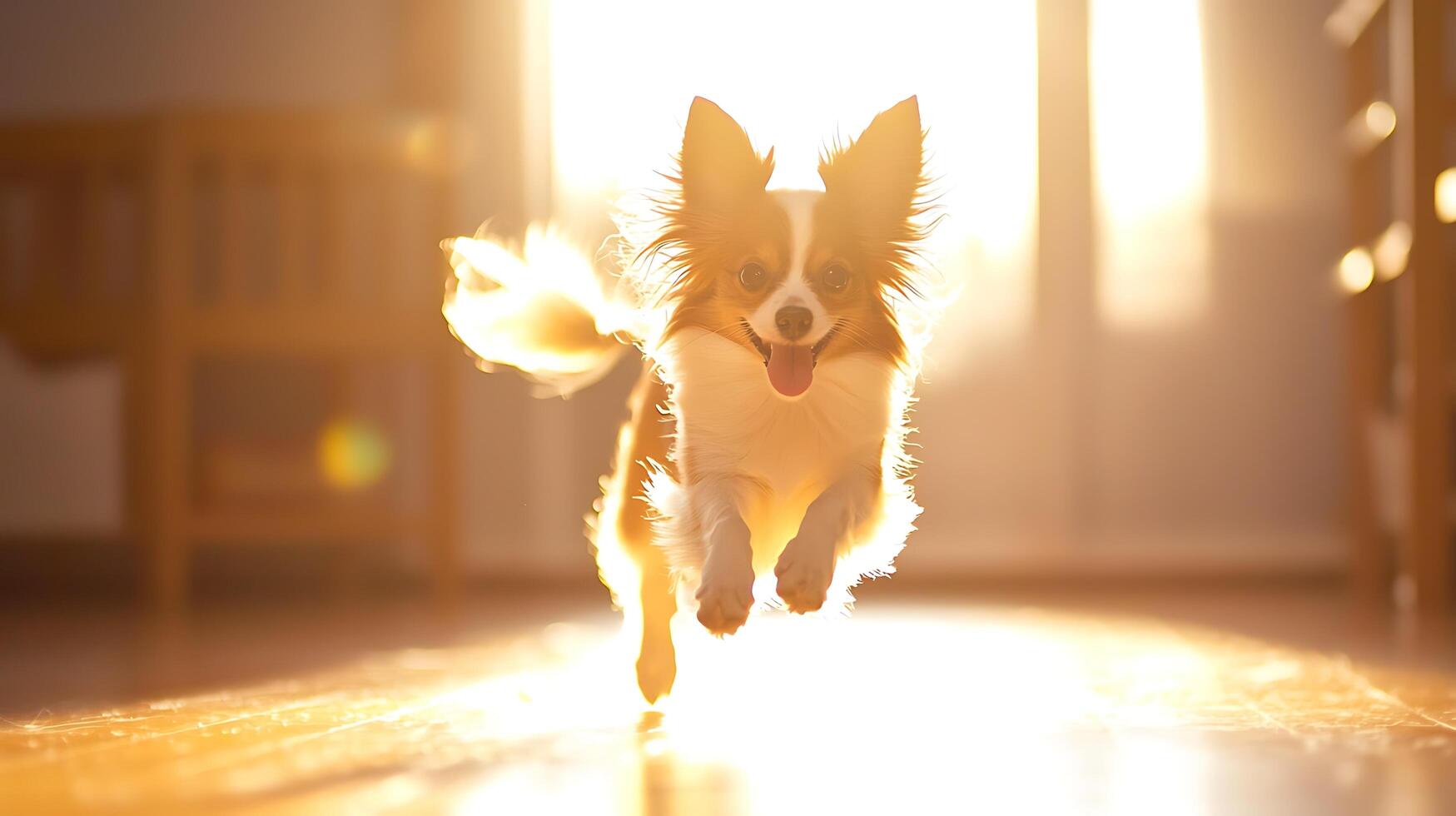 Joyful Chihuahua Dashes Through Golden Sunlight Indoors. photo