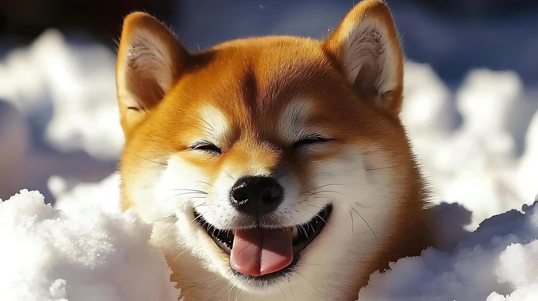 Adorable Shiba Inu Dog Enjoys A Snowy Day With A Big Happy Smile. photo