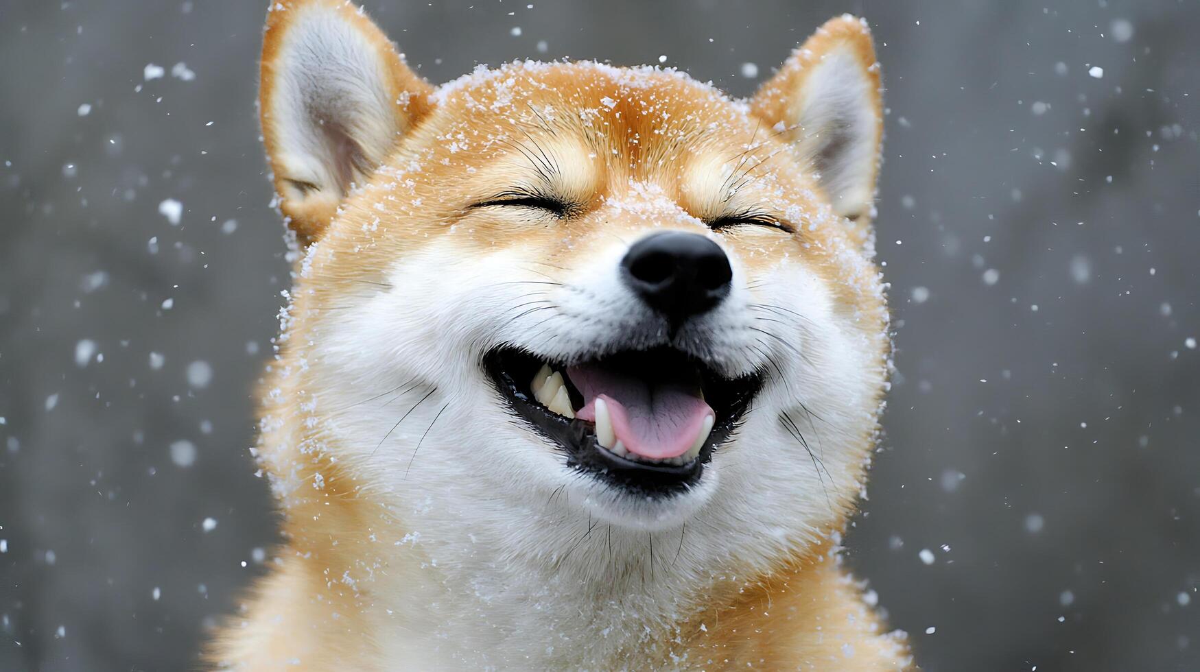 Joyful Shiba Inu Dog Smiling Happily in Falling Snow. photo
