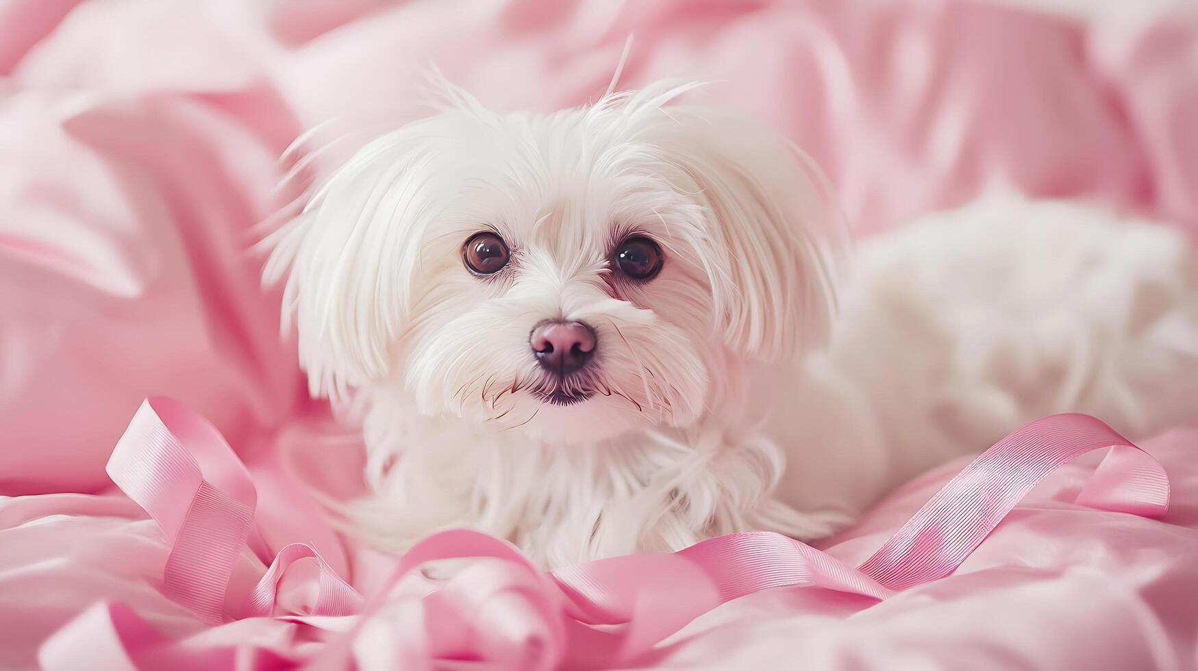 Adorable fluffy white dog rests on soft pink silk fabric. photo