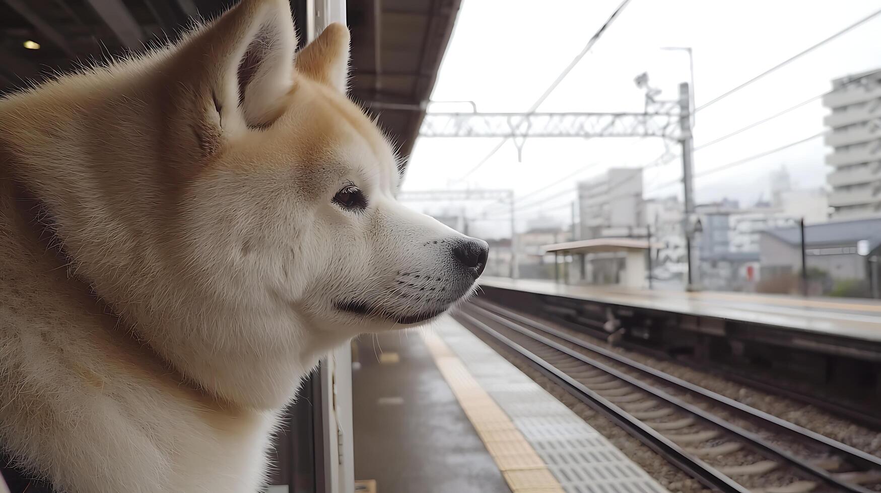 Dog patiently waiting for a train at the station platform. photo