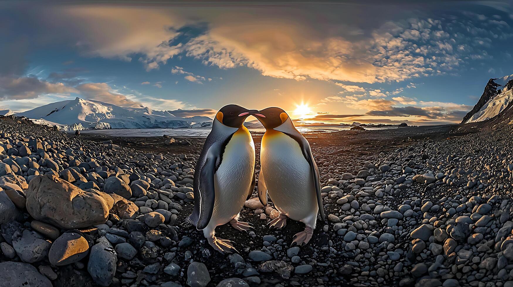 Two Penguins Sharing a Tender Moment at Sunset in Antarctica. photo