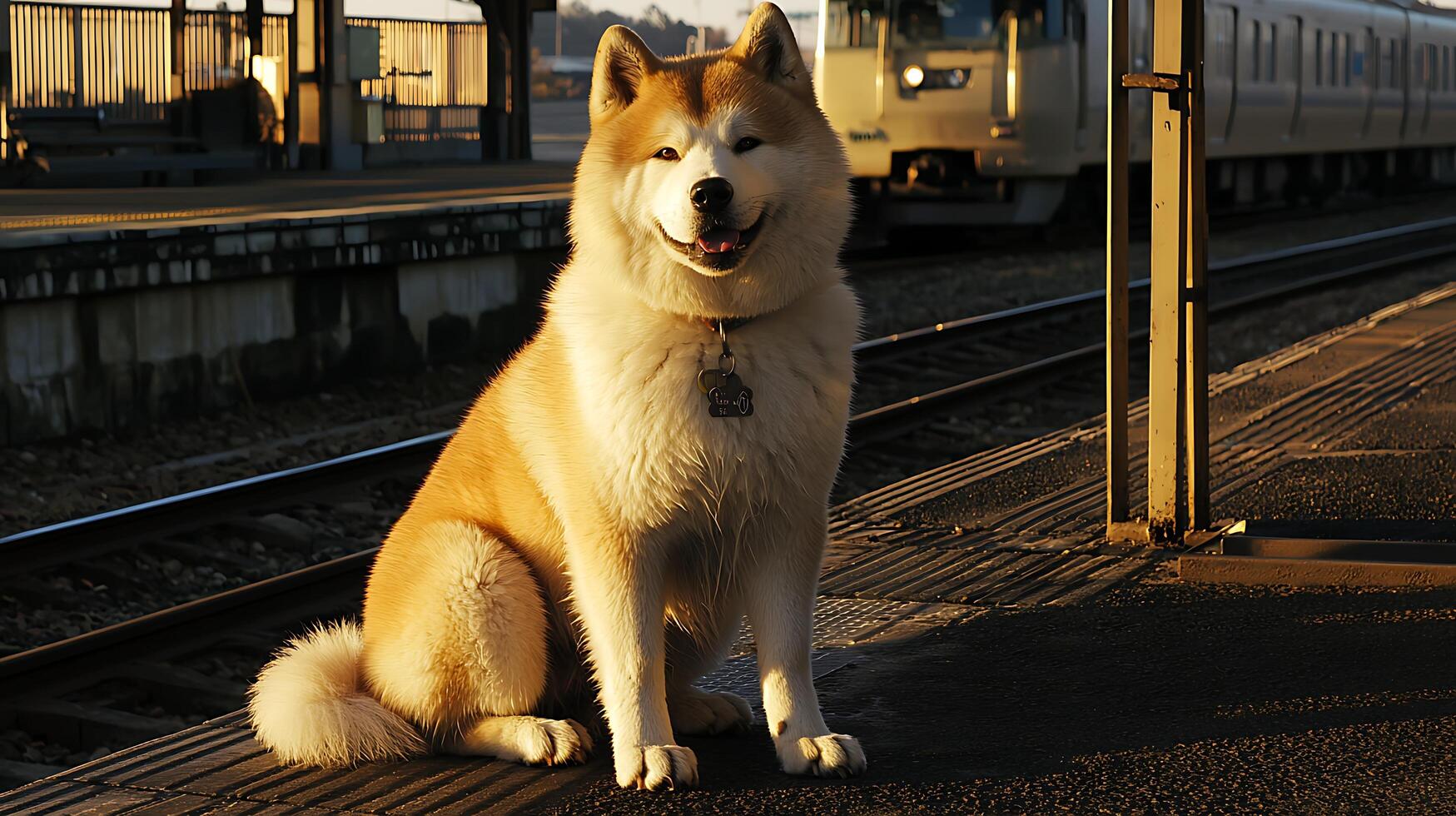 Loyal Akita waits for train on platform bathed in golden light. photo