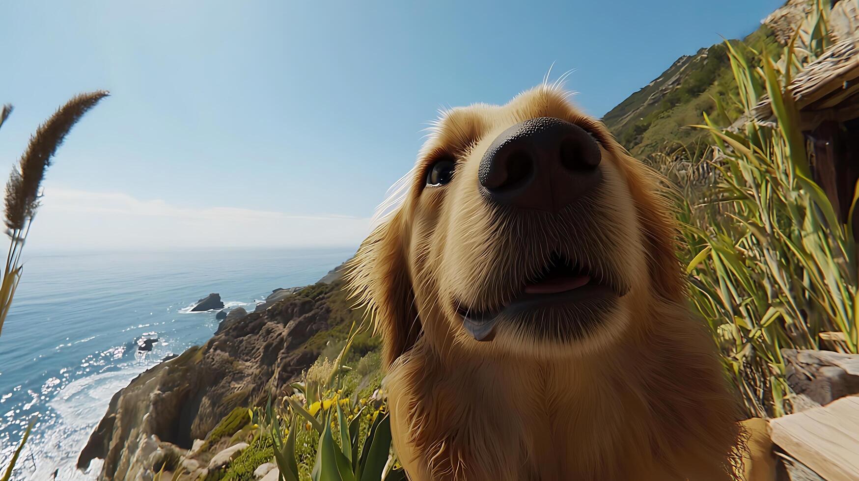 Curious Golden Retriever Enjoys a Sunny Day by the Ocean Cliffs. photo