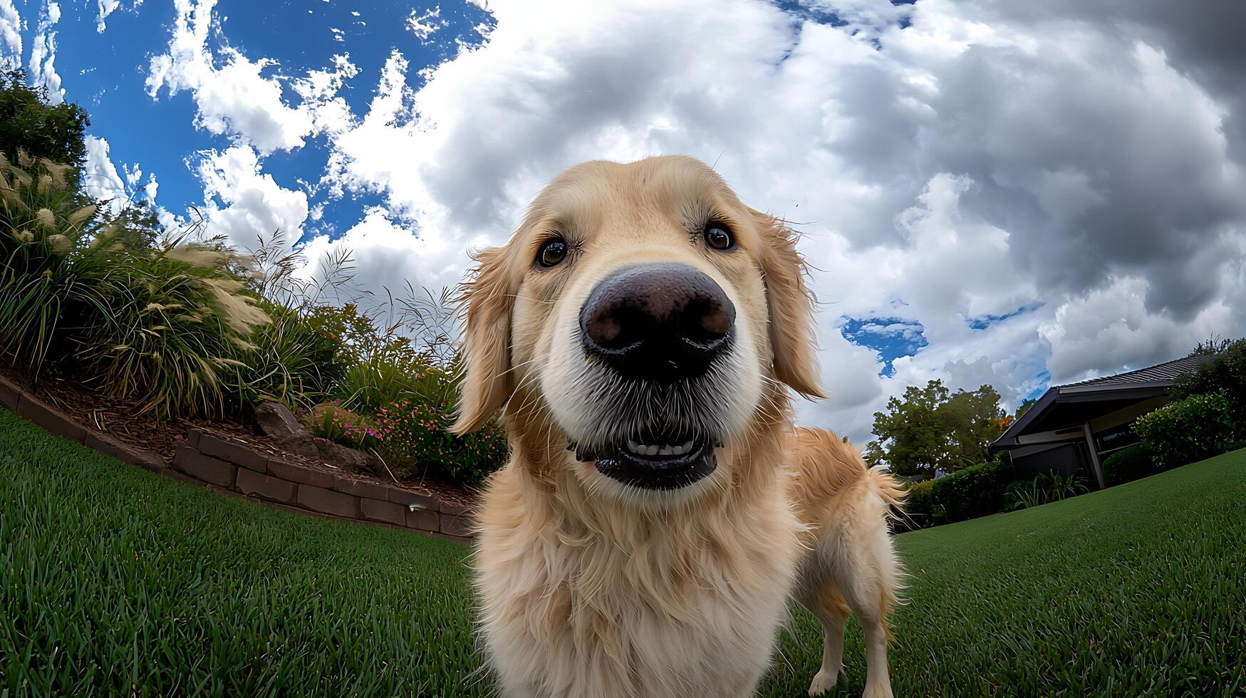 Golden Retriever Dog Peeking Through the Clouds on a Grassy Lawn. photo