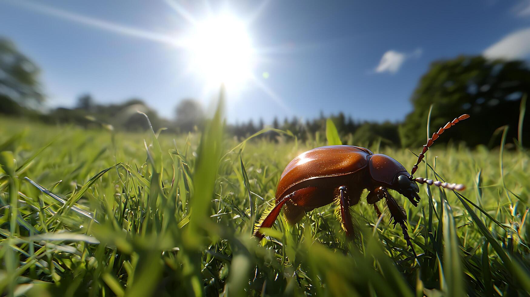Shiny beetle explores the sunlit green grass and blue sky. photo