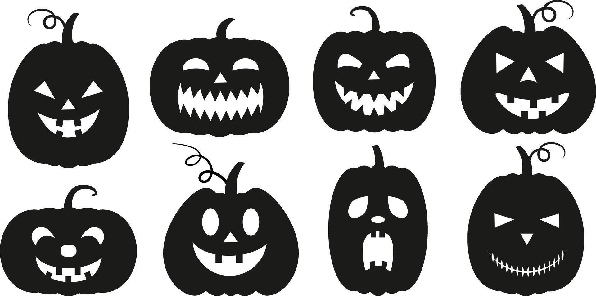 Set of isolated black halloween pumpkins. illustration of pumpkin shadows with faces. vector