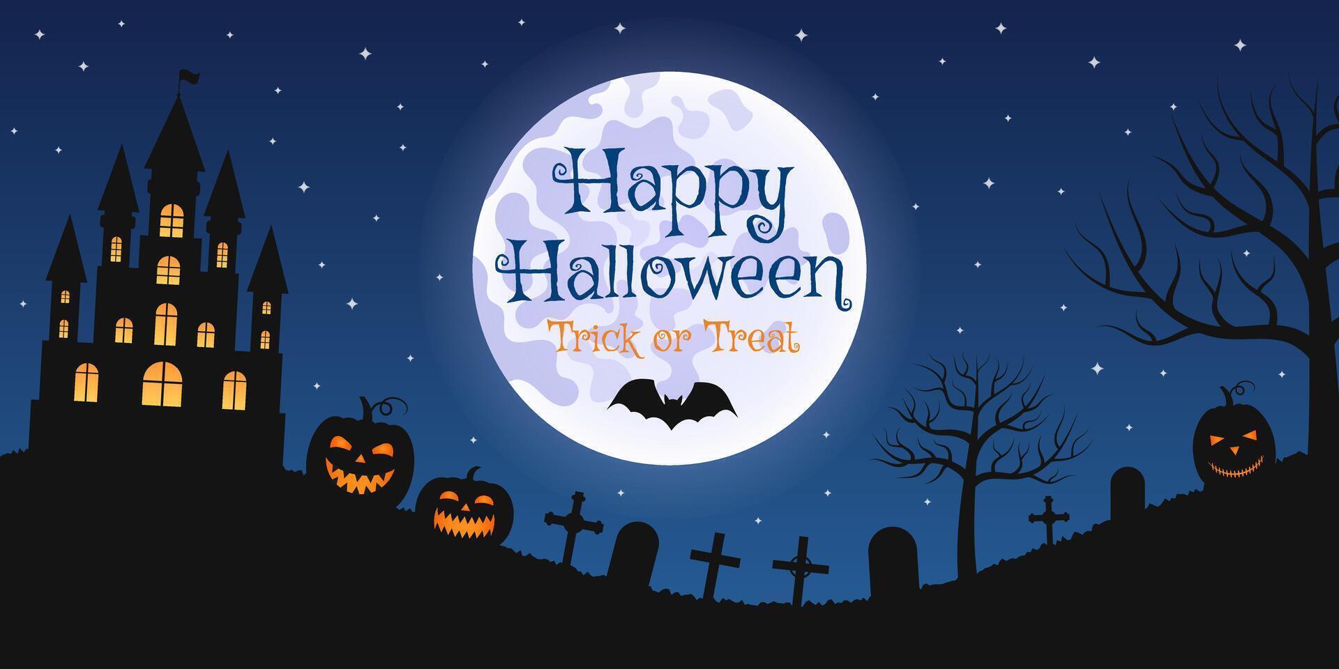 Happy Halloween. Trick or treat. Text on spooky background with graveyard, ghost house and pumpkins with full moon. illustration. vector