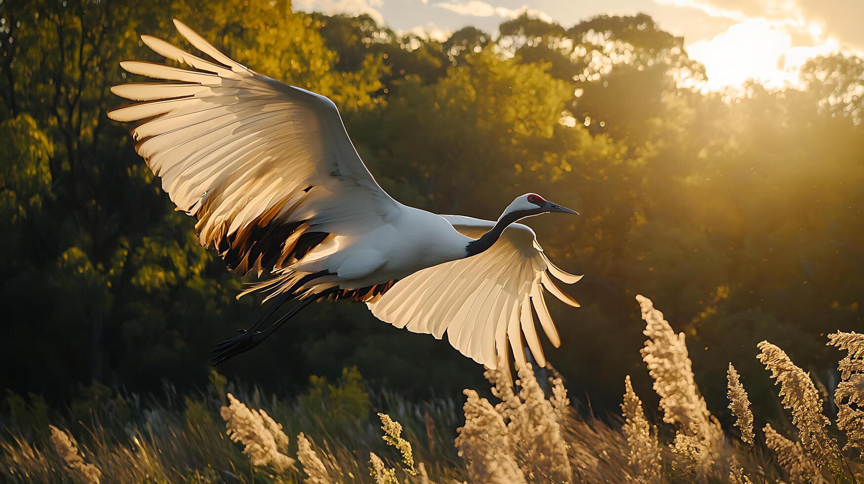 Majestic Crane Takes Flight Through Golden Hour Sunlit Meadow. photo