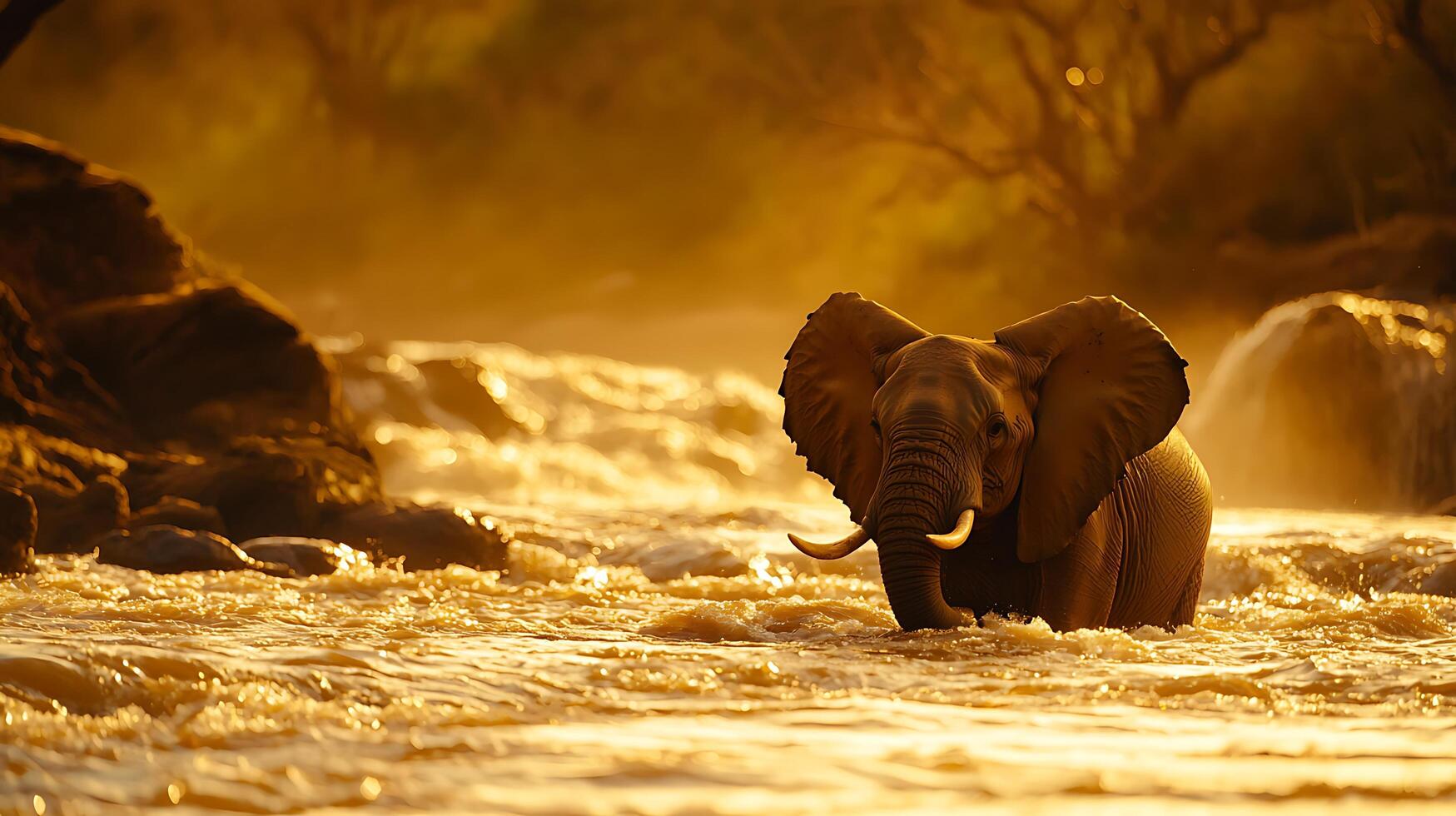 Majestic Elephant Walks Through Golden River at Sunset. photo