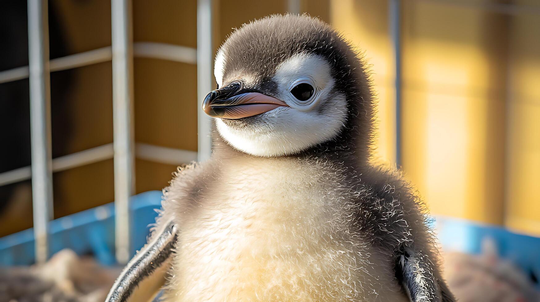 Adorable Baby Penguin's Fluffy Charm Captured in a Sunny Outdoor Portrait photo