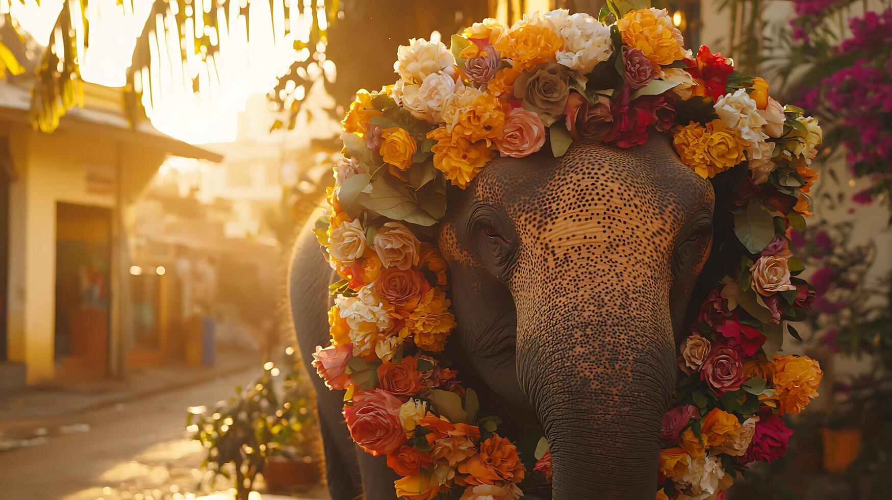 Majestic Elephant Adorned with Colorful Flowers in Warm Sunlight. photo