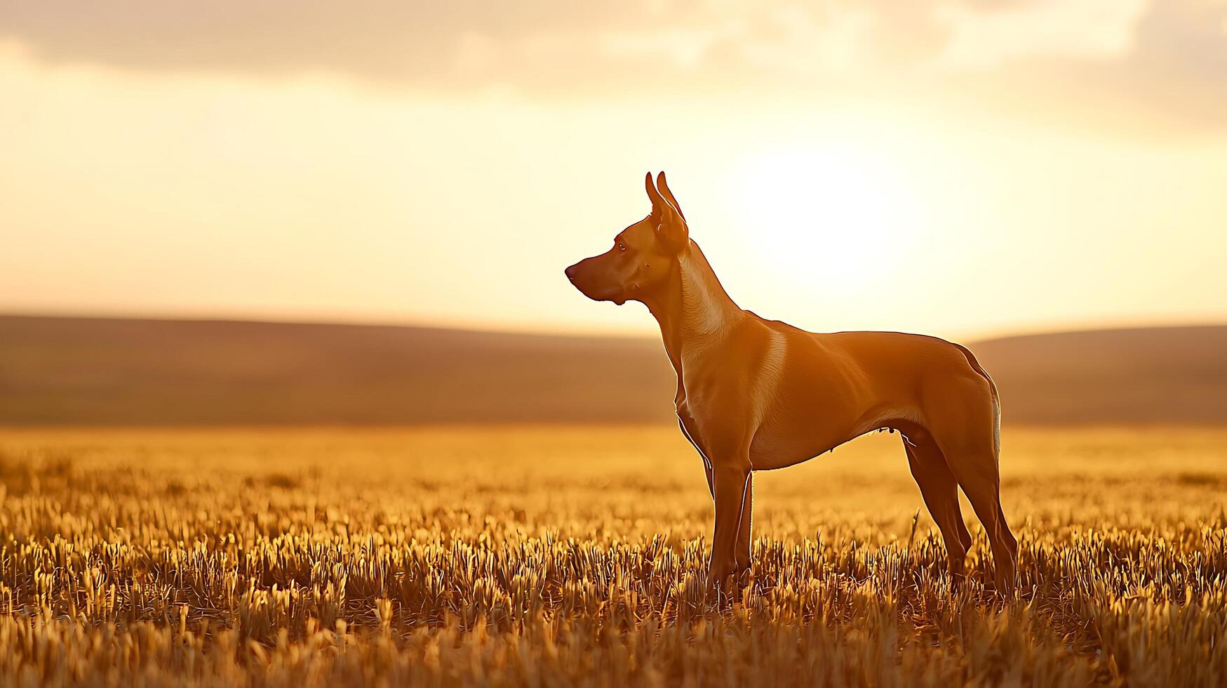 Majestic Dog Stands Tall in Golden Field at Sunset. photo