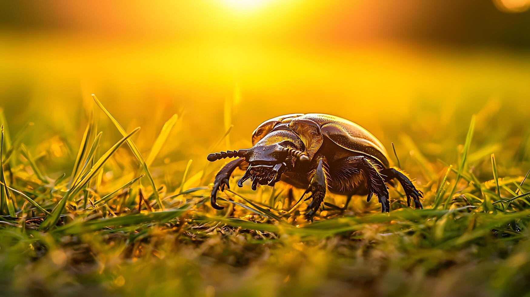 Majestic Beetle Crawls Through Golden Grass at Sunset. photo