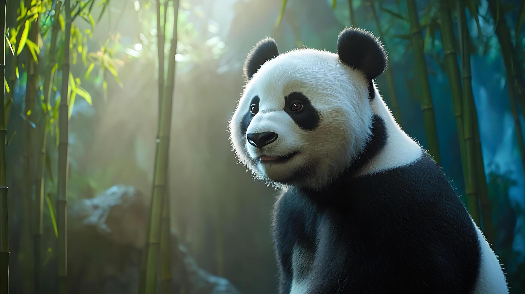 Adorable Panda Peeks Through Lush Green Bamboo Forest Sunlight. photo