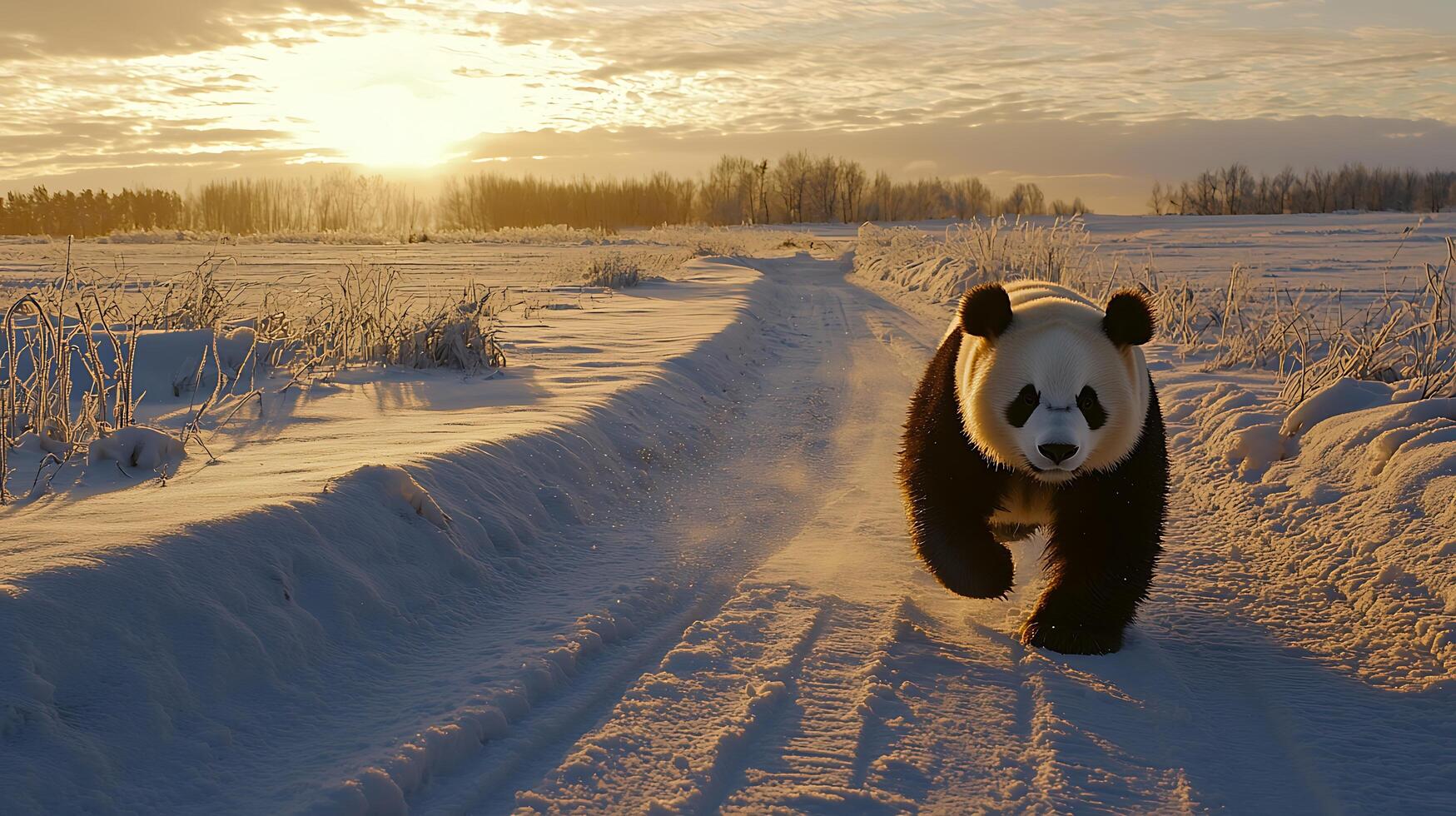 Adorable panda walks through a snowy landscape at sunrise. photo