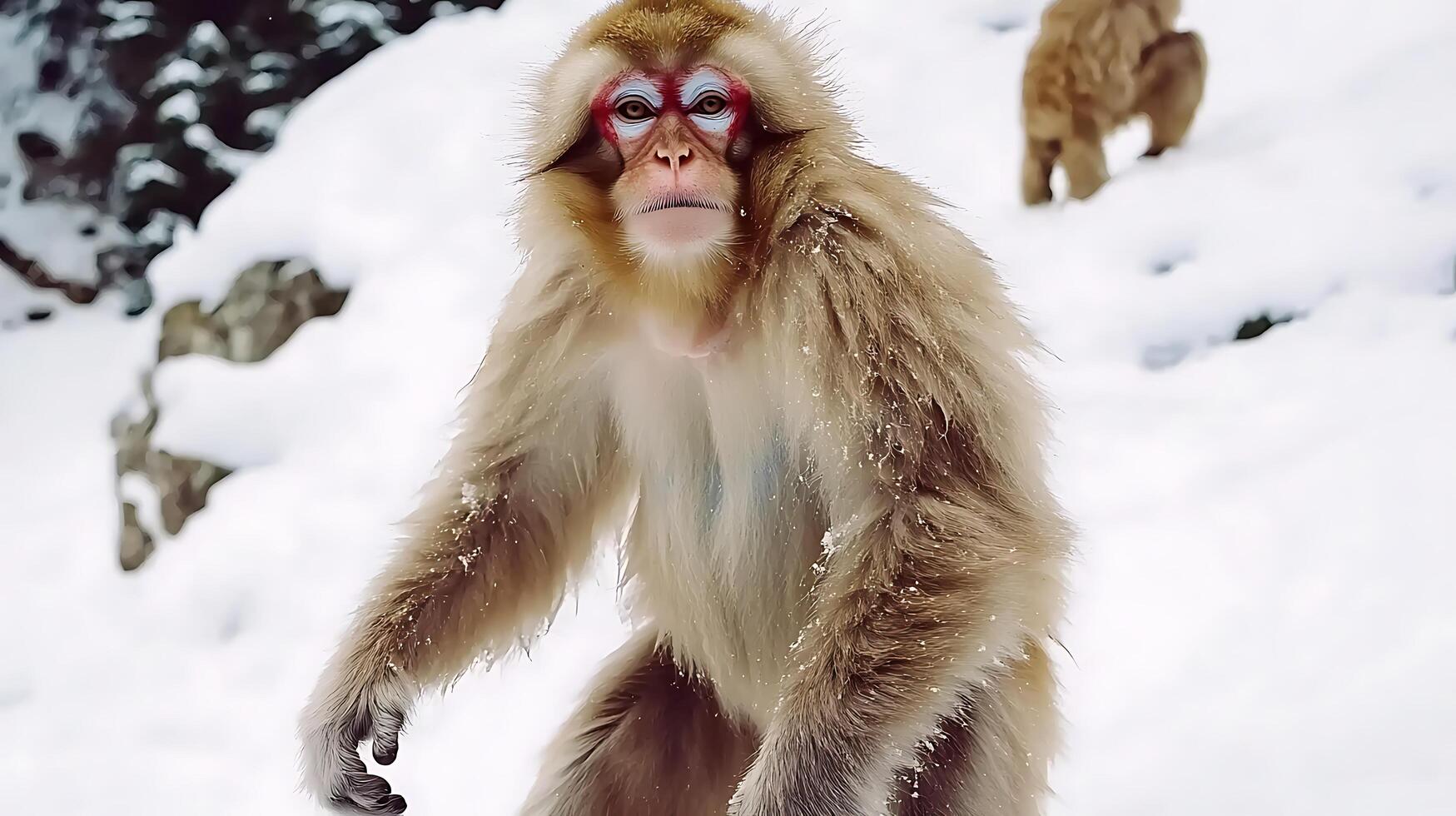 Japanese Snow Monkey with Red Face Staring in Winter Landscape. photo