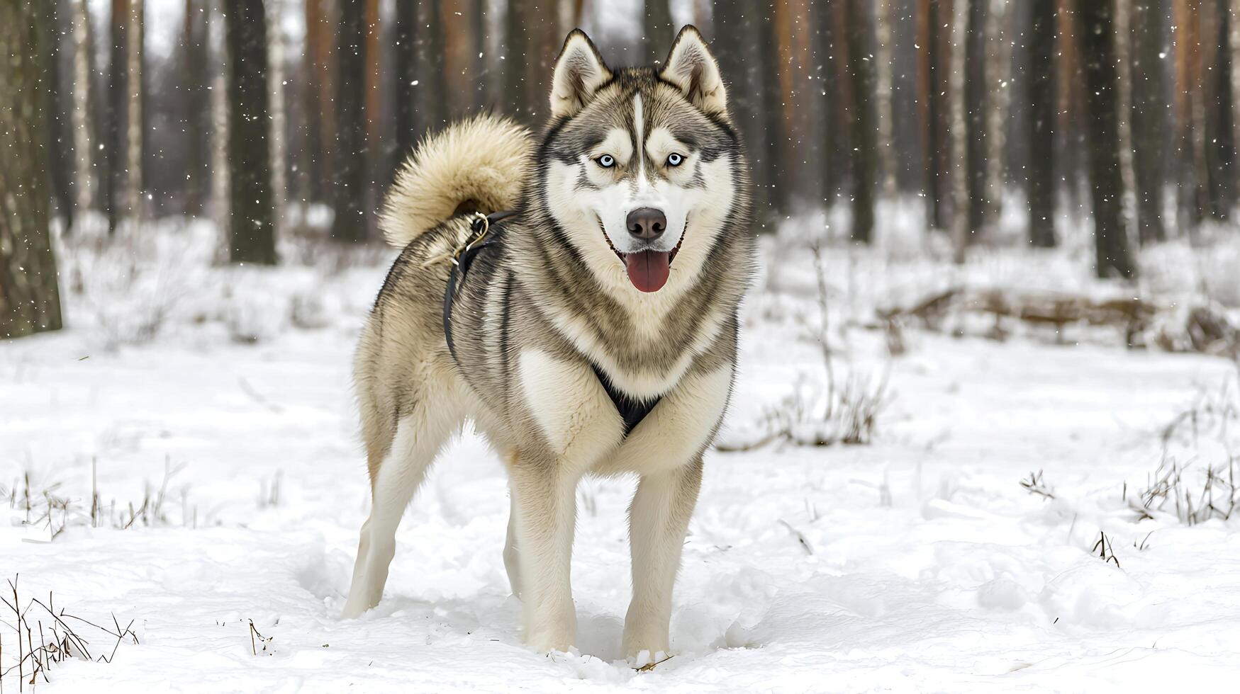 Adorable Husky enjoys a beautiful snowy day in the forest. photo